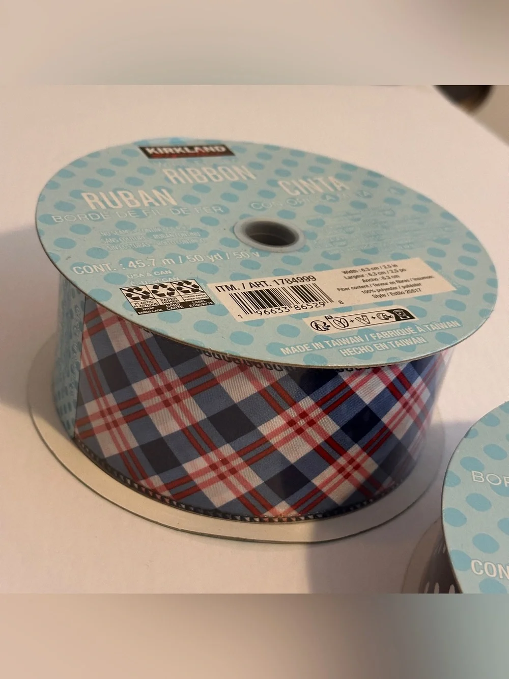 Kirkland Signature Wired-Edged Ribbon Blue Red Plaid Black White Dot 50 Yard New